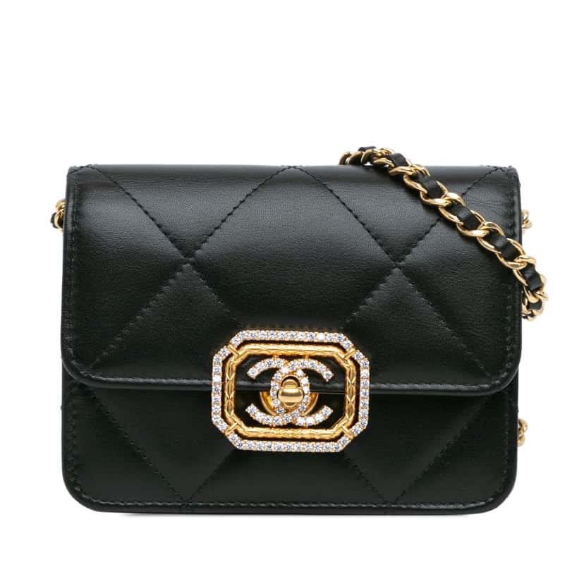Chanel Quilted Calfskin Strass Card Holder On Chain Black Leather Very good condition - Front View