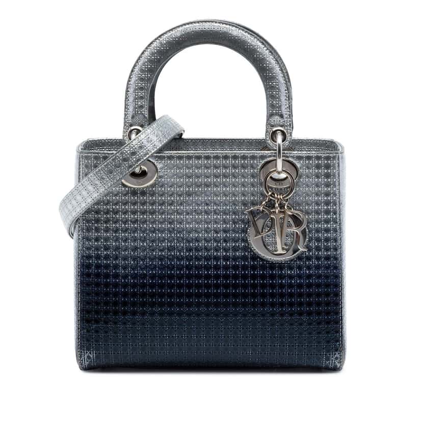 Dior Medium Ombre Metallic Patent Microcannage Lady Dior Silver Leather Very good condition - Front View