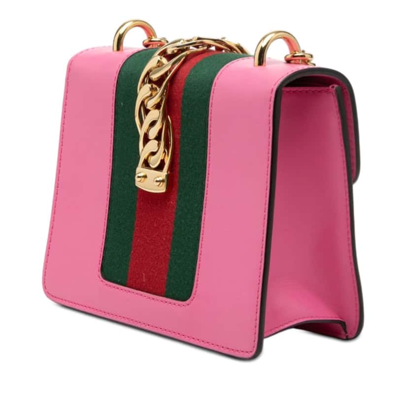 Gucci Mini Calfskin Web Sylvie Chain Crossbody Pink Leather Very good condition - Back View