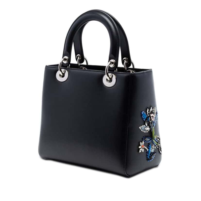 Dior Limited Edition Medium Smooth Calfskin Embroidered Beaded Floral Lady Dior Black Leather Very good condition - Back View