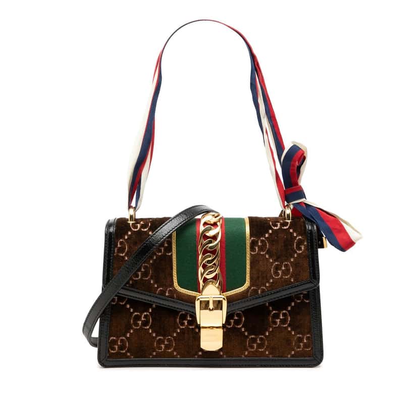 Gucci Small GG Velvet Sylvie Crossbody Brown Very good condition - Front View