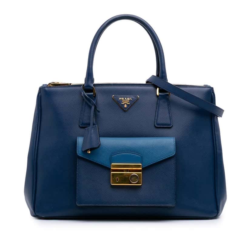 Prada Saffiano Lux Galleria Double Zip Front Pocket Satchel Blue Leather Very good condition - Front View