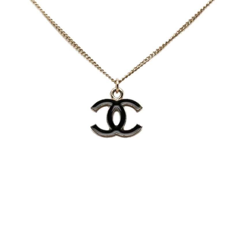 Chanel CC Brass Lacquered Pendant Necklace Silver Metal Very good condition - Back View