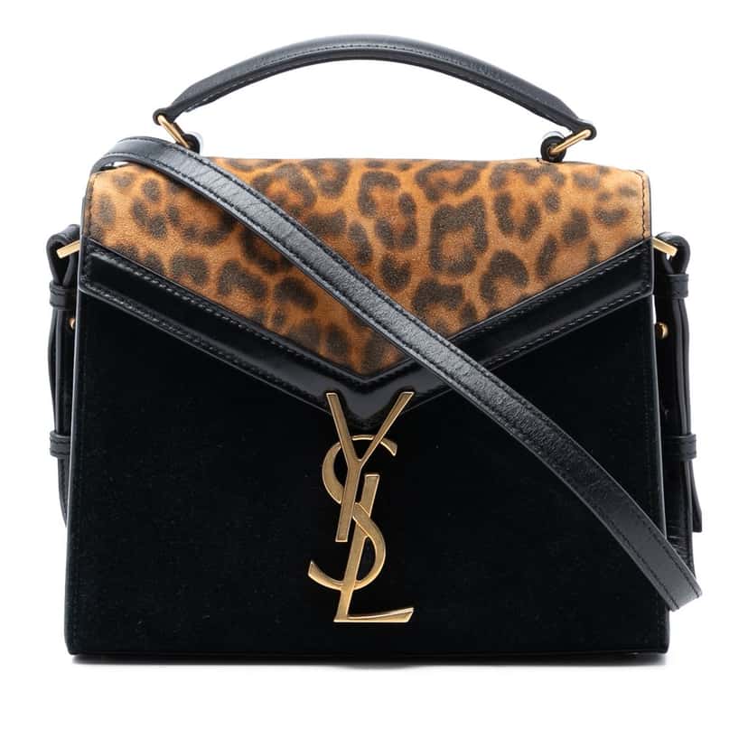 Saint Laurent Mini Suede Leopard Print Monogram Cassandra Top Handle Bag Black Leather Very good condition - Front View