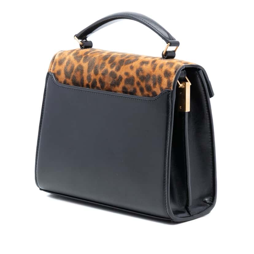 Saint Laurent Mini Suede Leopard Print Monogram Cassandra Top Handle Bag Black Leather Very good condition - Back View