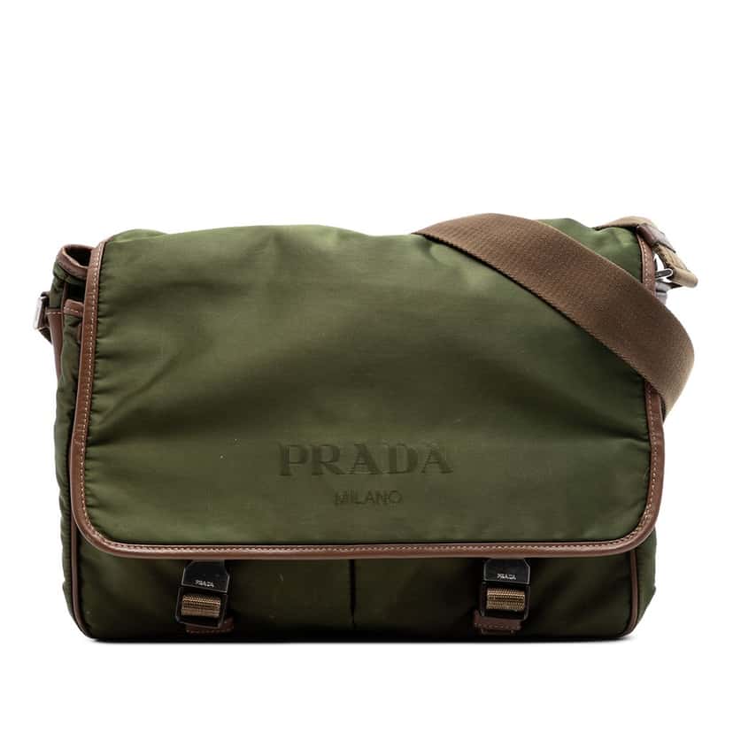 Prada Saffiano Trimmed Tessuto Double Buckle Messenger Bag Green Very good condition - Front View