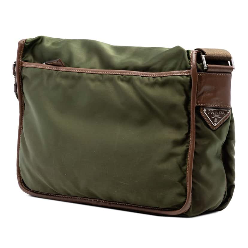 Prada Saffiano Trimmed Tessuto Double Buckle Messenger Bag Green Very good condition - Back View