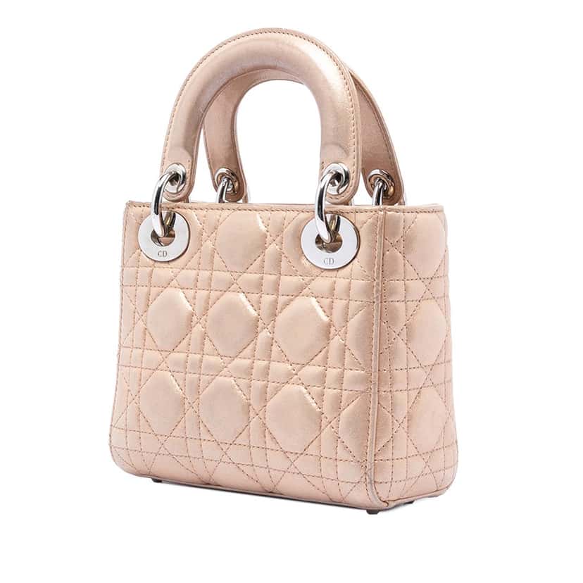 Dior Mini Iridescent Lambskin Cannage Lady Dior Beige Leather Very good condition - Back View