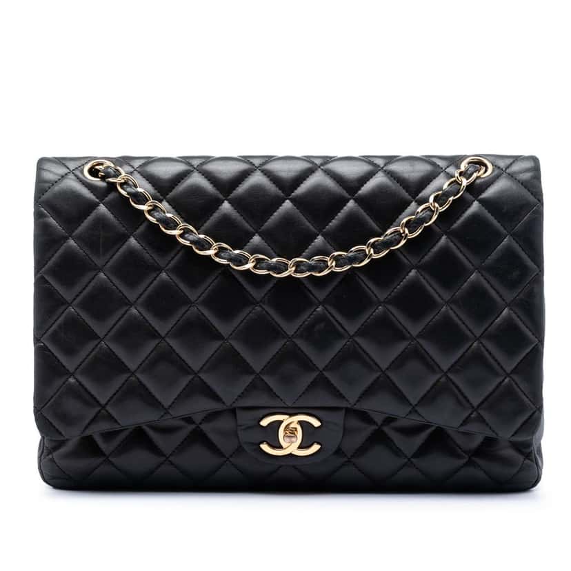 Chanel Maxi Classic Lambskin Double Flap Black Leather Very good condition - Front View