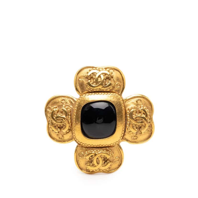 Chanel CC Gold Plated Black Stone Clover Brooch Gold Metal Very good condition - Front View