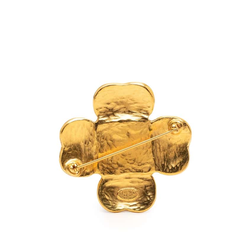 Chanel CC Gold Plated Black Stone Clover Brooch Gold Metal Very good condition - Back View