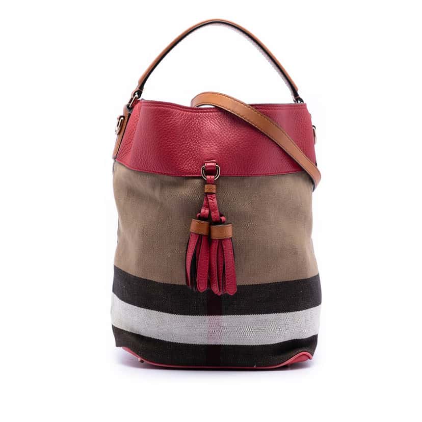 Burberry Medium Mega Check Canvas and Grained Calfskin Ashby Tassel Bucket Bag Brown Very good condition - Front View