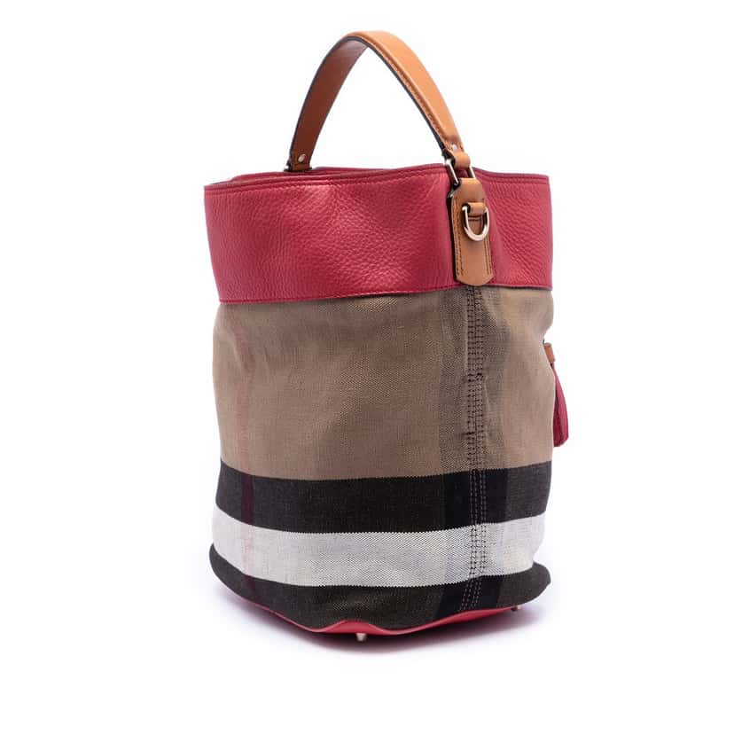 Burberry Medium Mega Check Canvas and Grained Calfskin Ashby Tassel Bucket Bag Brown Very good condition - Back View