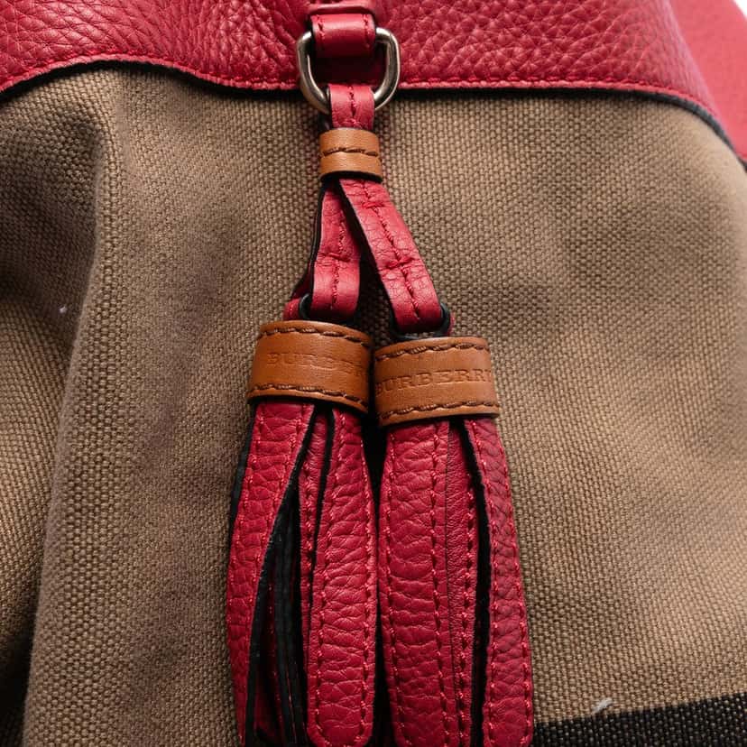 Burberry Medium Mega Check Canvas and Grained Calfskin Ashby Tassel Bucket Bag Brown Very good condition - Box View