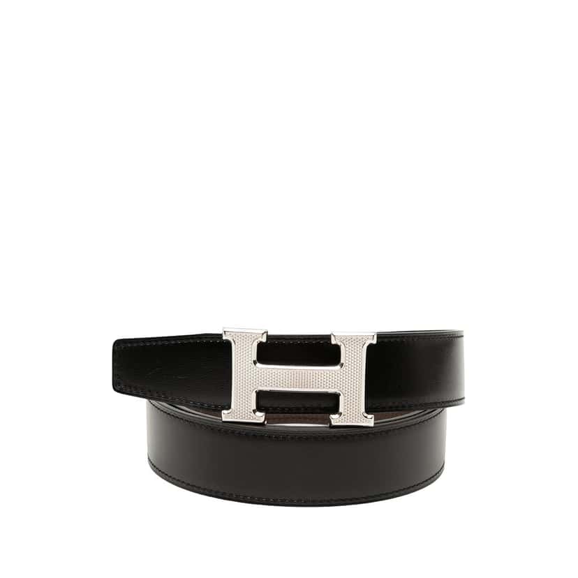Hermès Swift and Togo Constance H Guillochee Reversible Belt Black Leather Very good condition - Front View