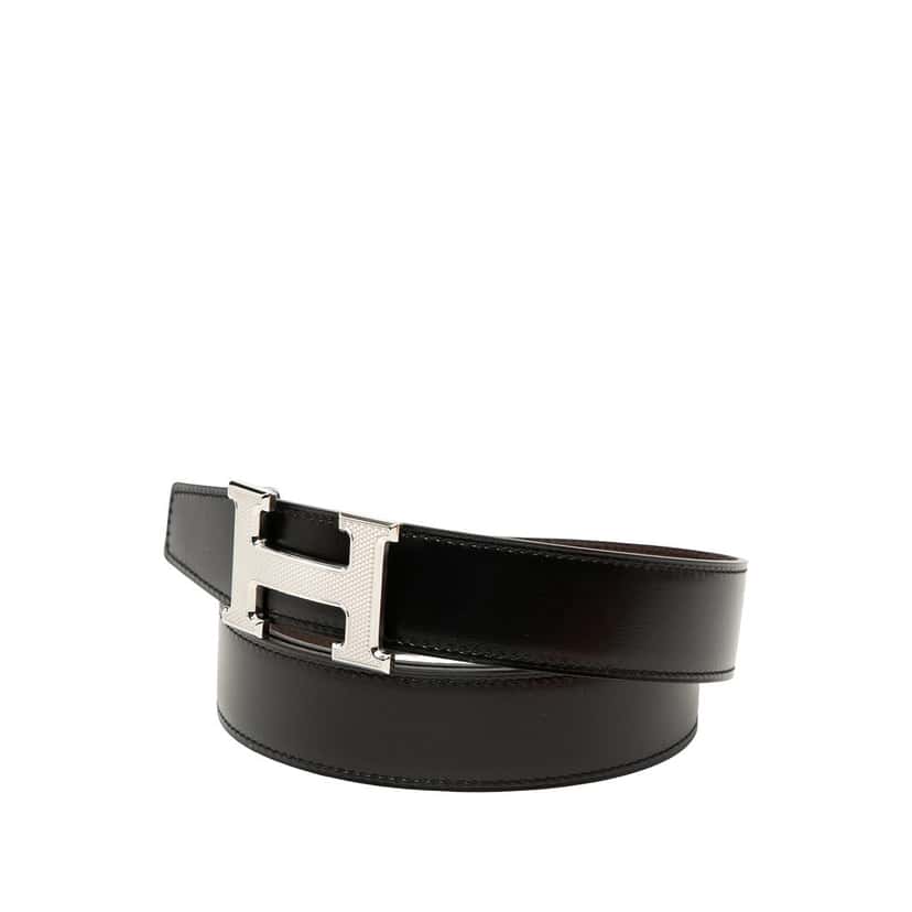 Hermès Swift and Togo Constance H Guillochee Reversible Belt Black Leather Very good condition - Back View