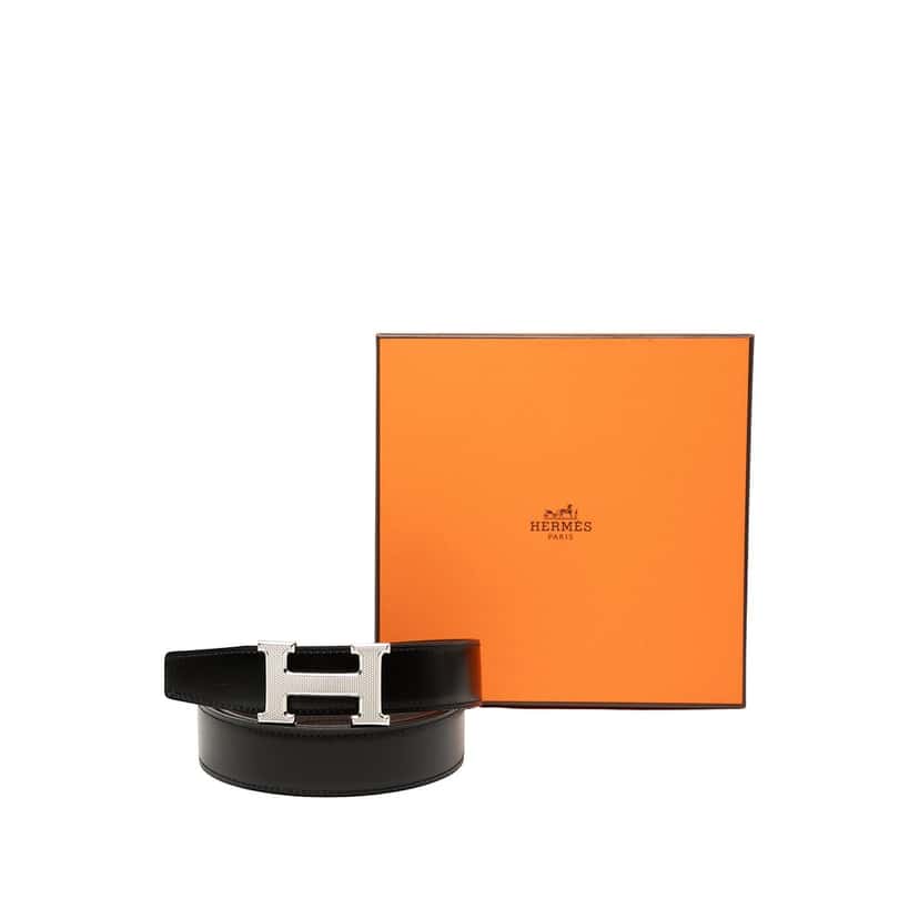 Hermès Swift and Togo Constance H Guillochee Reversible Belt Black Leather Very good condition - Box View
