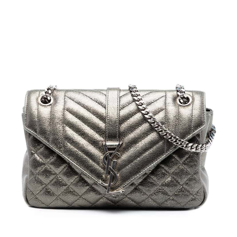 Saint Laurent Medium Iridescent Calfskin Triquilt Monogram College Bag Silver Leather Very good condition - Front View