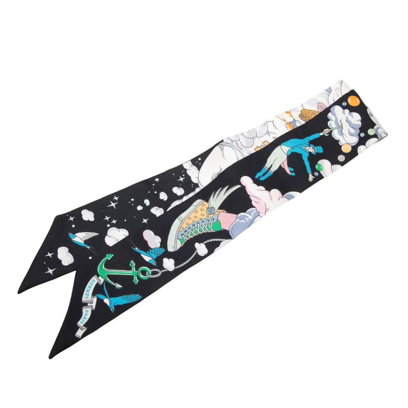 Hermès Sur Mon Nuage Silk Twilly Scarf Black Very good condition - Front View