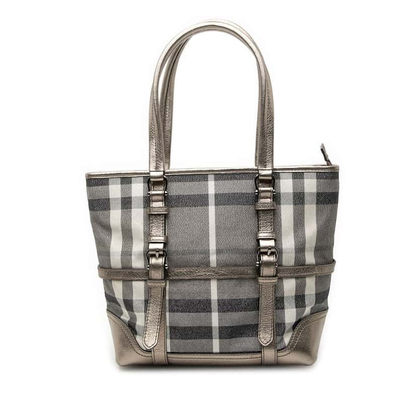 Burberry Small Shimmer Check Canvas Tote Silver Very good condition - Front View