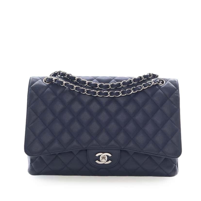 Chanel Maxi Classic Caviar Double Flap Blue Leather Very good condition - Front View