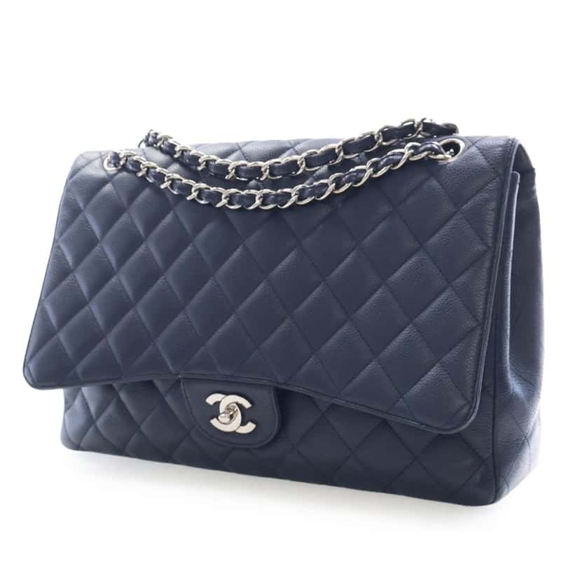 Chanel Maxi Classic Caviar Double Flap Blue Leather Very good condition - Back View