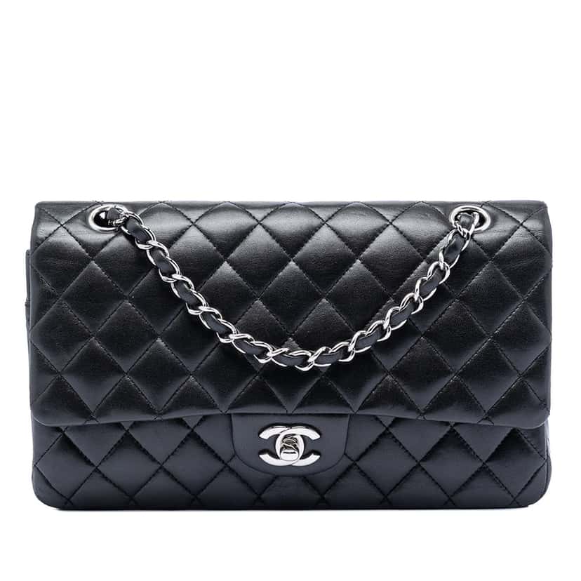 Chanel Medium Classic Lambskin Double Flap Black Leather Very good condition - Front View