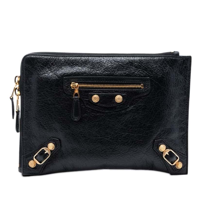 Balenciaga Lambskin Motocross Giant 12 Zip Around Flat Clutch Black Leather Very good condition - Front View