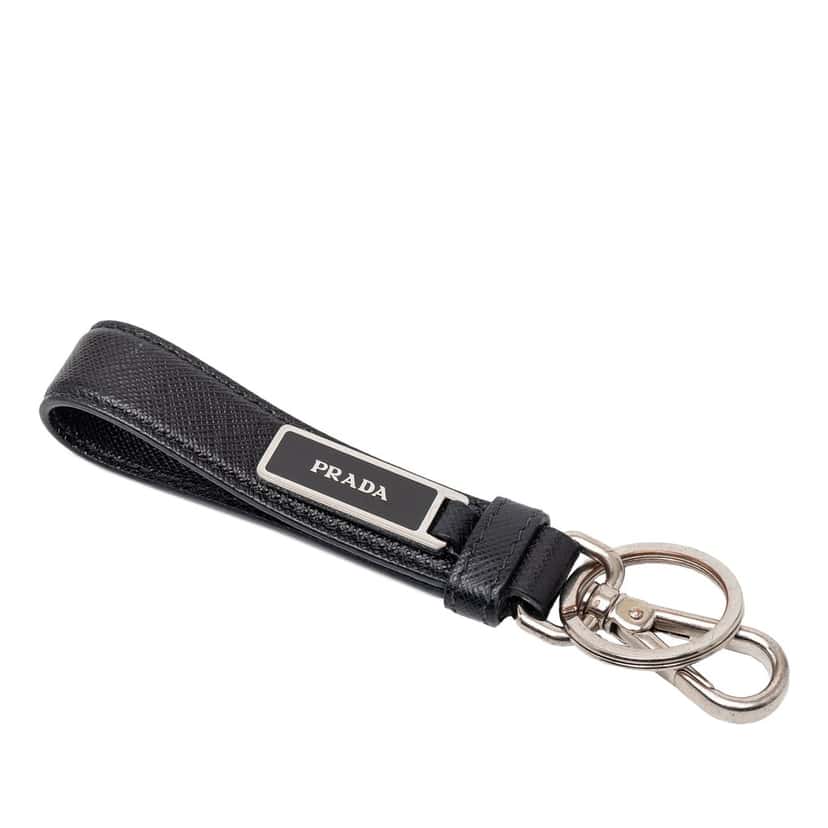 Prada Saffiano Logo Key Chain Black Leather Very good condition - Front View