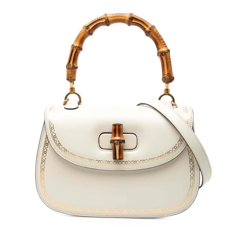 Gucci Calfskin Frame Print Bamboo Web Top Handle Bag White Leather Very good condition - Front View