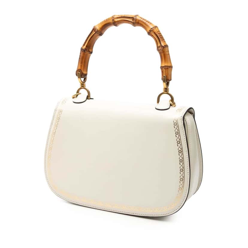 Gucci Calfskin Frame Print Bamboo Web Top Handle Bag White Leather Very good condition - Back View