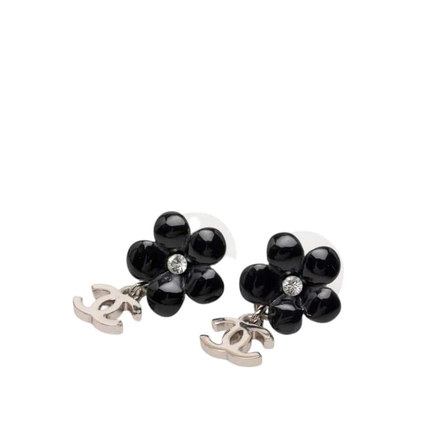 Chanel Silver Plated Resin Rhinestone Flower CC Drop Earrings Black Plastic Very good condition - Front View