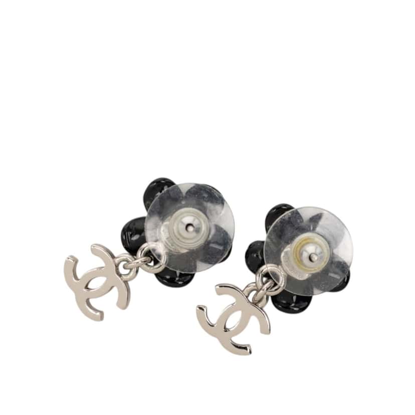 Chanel Silver Plated Resin Rhinestone Flower CC Drop Earrings Black Plastic Very good condition - Back View