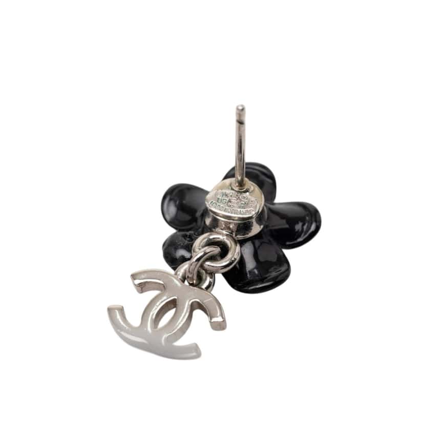 Chanel Silver Plated Resin Rhinestone Flower CC Drop Earrings Black Plastic Very good condition - Inside View