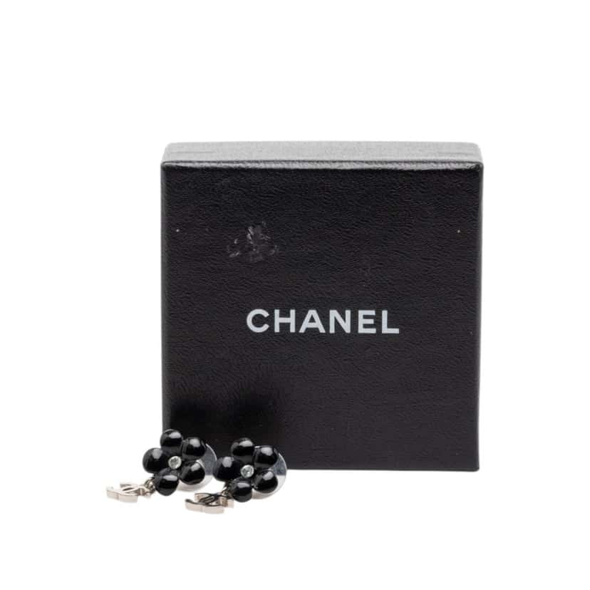 Chanel Silver Plated Resin Rhinestone Flower CC Drop Earrings Black Plastic Very good condition - Model View