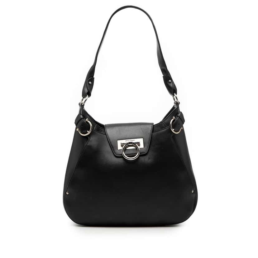 Ferragamo Leather Gancini Shoulder Bag Black Leather Very good condition - Front View