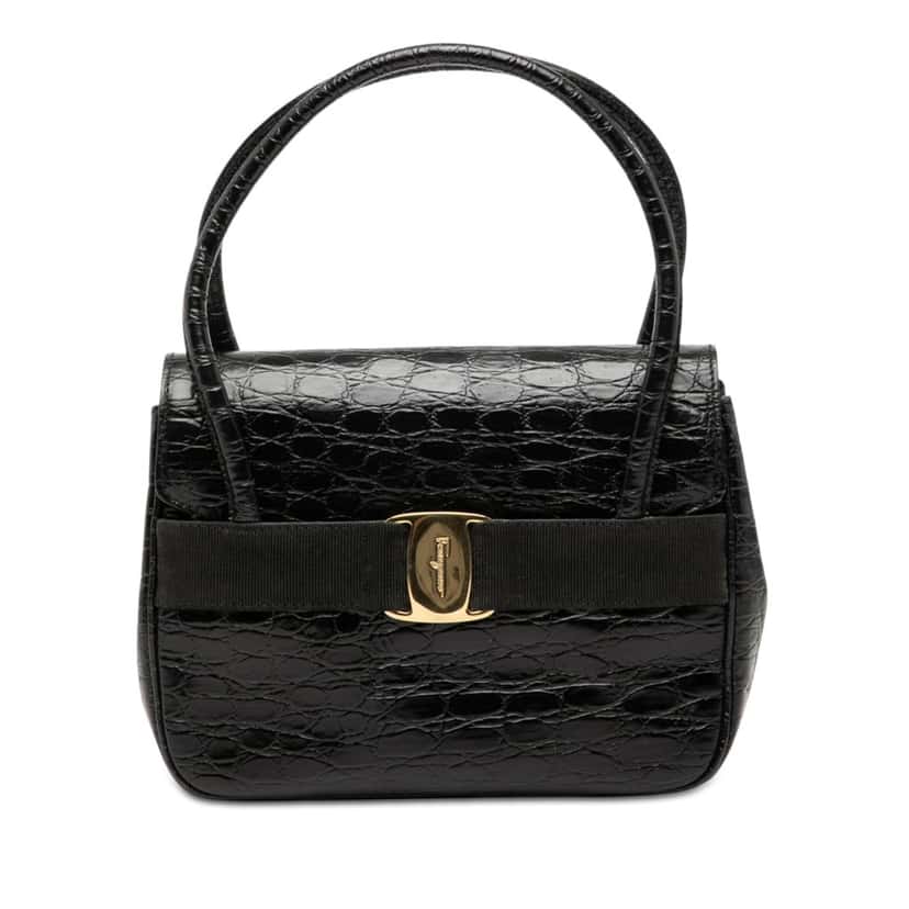 Ferragamo Croc Embossed Vara Bow Top Handle Bag Black Leather Very good condition - Front View