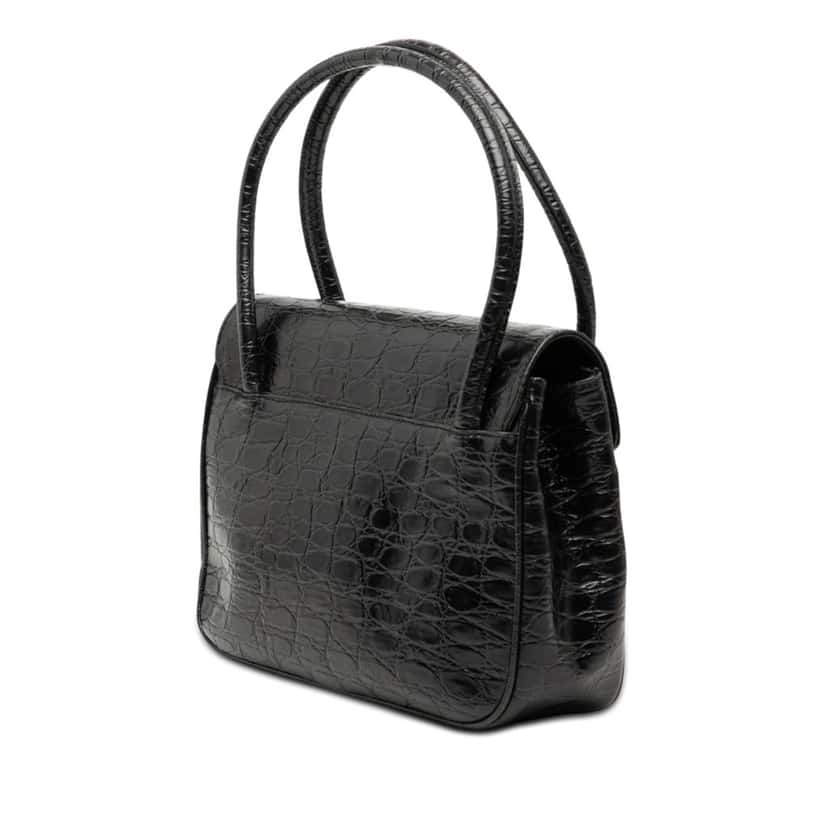 Ferragamo Croc Embossed Vara Bow Top Handle Bag Black Leather Very good condition - Back View