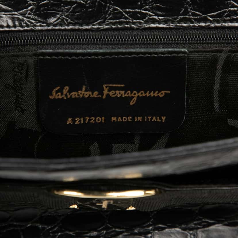 Ferragamo Croc Embossed Vara Bow Top Handle Bag Black Leather Very good condition - Box View