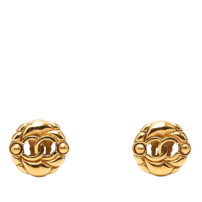 Chanel Gold Plated CC Hollow Round Clip On Earrings Gold Metal Very good condition - Front View