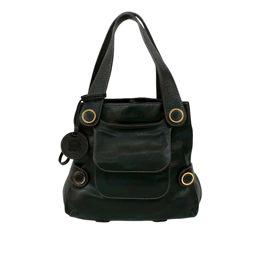 LOEWE Leather Anagram Drawstring Shoulder Bag Black Leather Very good condition - Front View