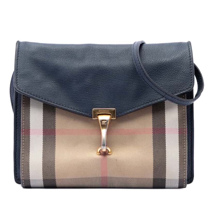 Burberry Small Leather and House Check Canvas Derby Macken Crossbody Blue Very good condition - Front View