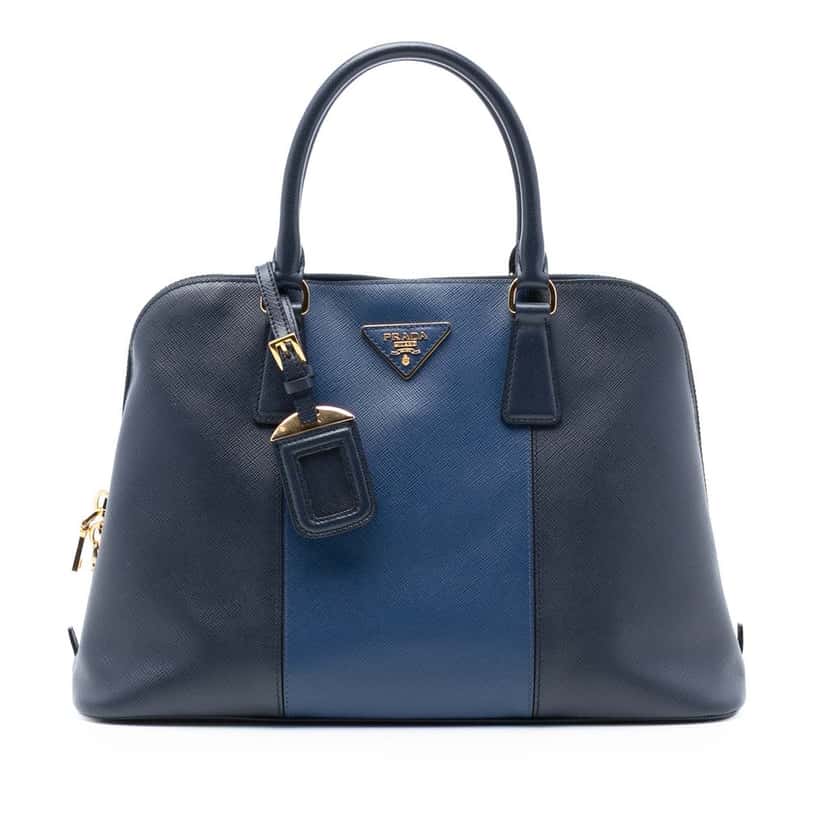 Prada Medium Bicolor Saffiano Lux Promenade Satchel Blue Leather Very good condition - Front View