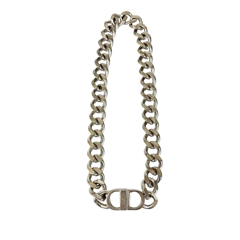 Dior Silver Plated CD Logo Chain Link Necklace Silver Metal Very good condition - Front View