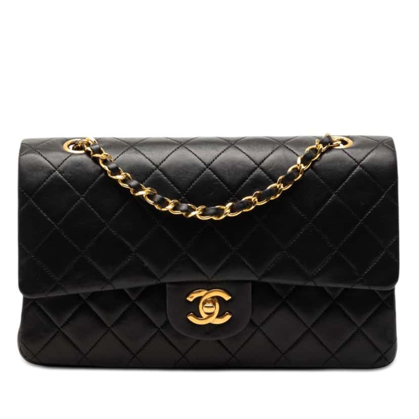 Chanel Medium Classic Lambskin Double Flap Black Leather Very good condition - Front View