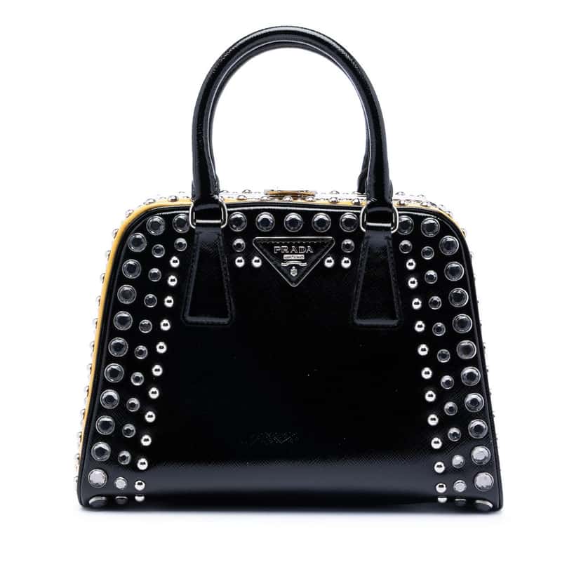 Prada Small Studded Saffiano Vernice Frame Top Handle Bag Black Leather Very good condition - Front View