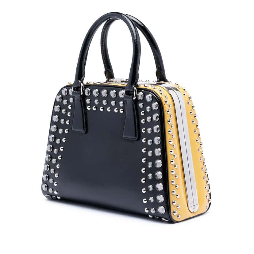 Prada Small Studded Saffiano Vernice Frame Top Handle Bag Black Leather Very good condition - Back View