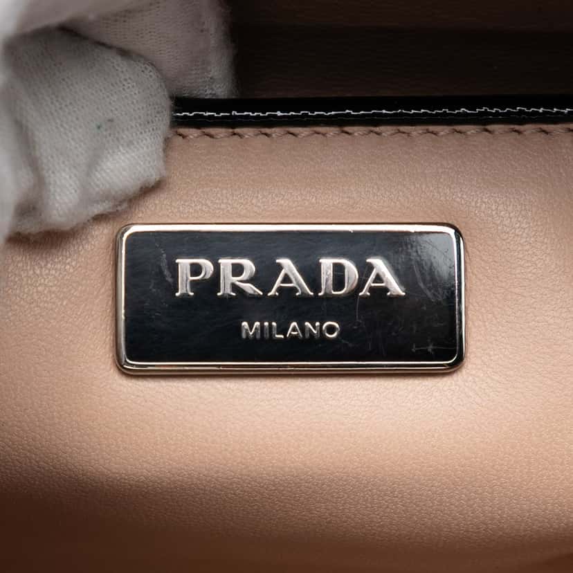 Prada Small Studded Saffiano Vernice Frame Top Handle Bag Black Leather Very good condition - Box View
