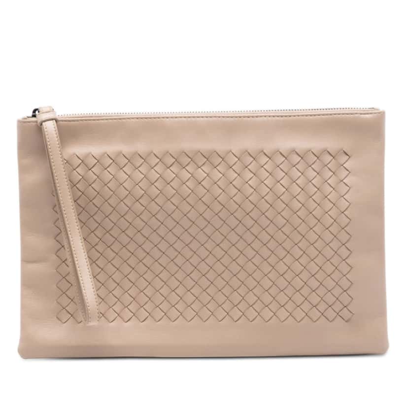 Bottega Veneta Nappa Intrecciato Wristlet Clutch Beige Leather Very good condition - Front View