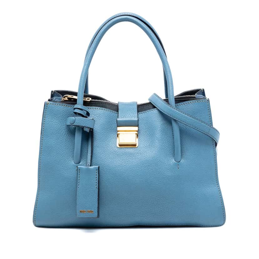 Miu Miu Goatskin Madras Push Lock Tote Blue Leather Very good condition - Front View